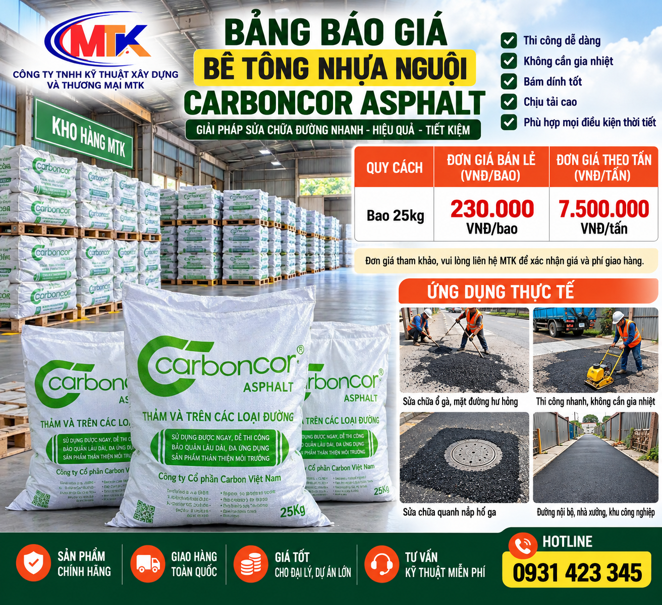 Báo giá bê tông nhựa nguội đóng bao 25kg